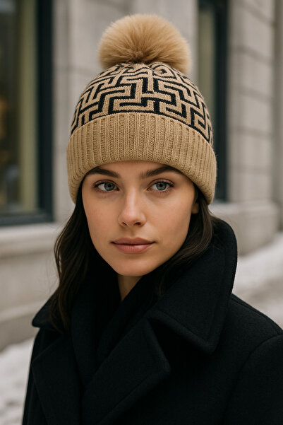 Luminos Butik Women's Camel Patterned Pompom Wool Beret Bere1144