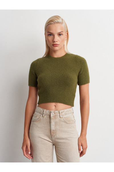 Dilvin 10651 Crew Neck Soft Textured Short Sleeve Knitwear Sweater-Khaki