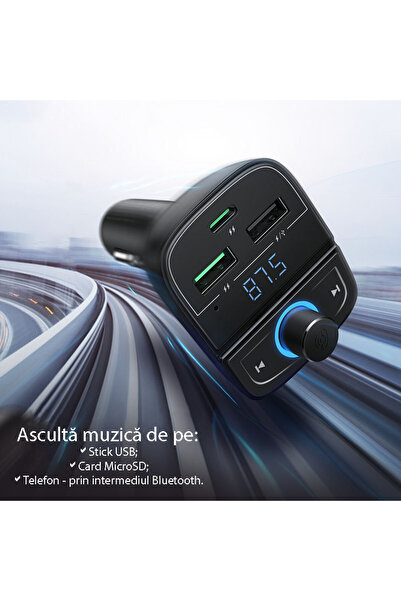 Ugreen Car Charger with FM Modulator (80910) 2xUSB-A, 1xType-C, Card slot with LED display, 31.5W, - Black