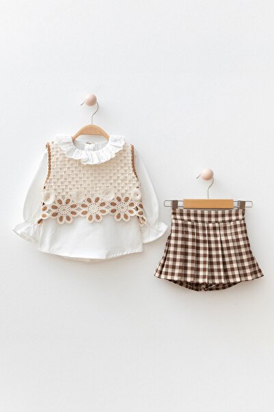 Minigimin Cicileri Miniğimin Cicileri Блуза с дантелени цветя и шорти с карир...