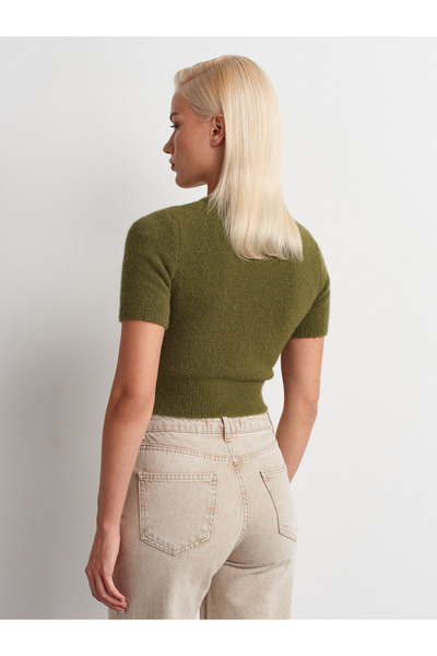 Dilvin 10651 Crew Neck Soft Textured Short Sleeve Knitwear Sweater-Khaki