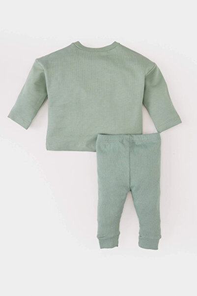 DeFacto E2398 Haki Erkek Bebek 2'li Takım Dinazor Baskılı Uzun Kollu Tişört Beli Lastikli Alt