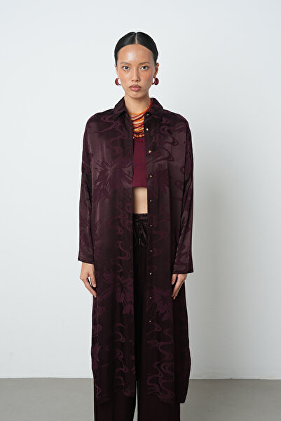 Orfeo Negro Women's Burgundy Color Floral Patterned Long Tunic Hijab Shirt - Dress