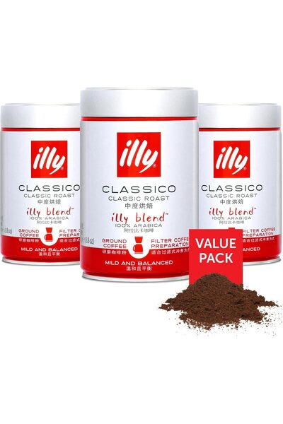 illy علب قهوة كلاسيكو كلاسيك روست مطحونة ومفلترة، 250 غرام لكل علبة - عبوة ثل...
