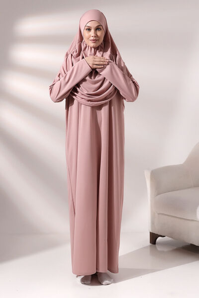 İhvan Practical One-Piece Prayer Dress with Women's Bag - Pink