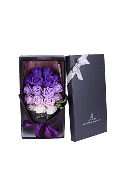 Flower Buchet 18 trandafiri de sapun, ambalat cutie cadou, culoare mov, violet, alb