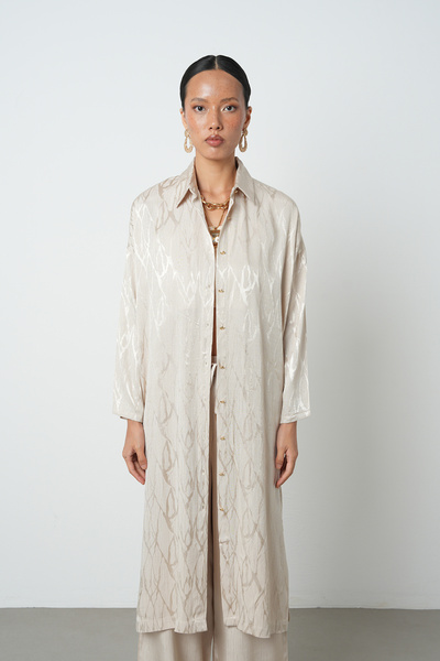 Orfeo Negro Women's Beige Color Patterned Long Tunic Hijab Shirt - Dress