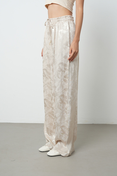 Orfeo Negro Women's Beige Color Floral Patterned Wide Leg Elastic Waist Trousers