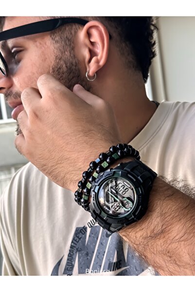 Jaga Digital Sports Men's Wristwatch, Green Black Silikon Cord Suitable for Pool Sea Use, with Stopwatch