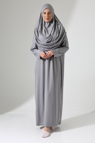 İhvan Practical One-Piece Prayer Dress with Women's Bag - Gray