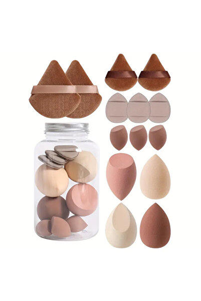 Choice1 مجموعة إسفنجات مكياج بنية اللون مكونة من 14 قطعة مع وعاء تخزين وإسفنجات مكياج مخملية ومنفاخ أصابع