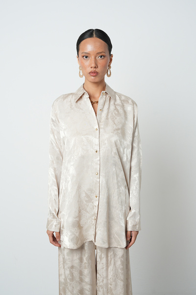 Orfeo Negro Women's Beige Color Floral Pattern Oversize Cut Shirt