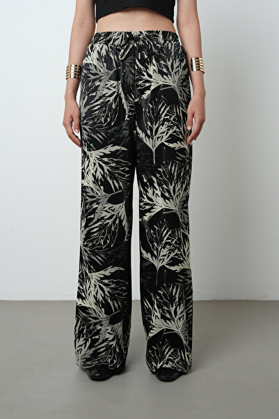 Orfeo Negro Women's Black Color Branch Patterned Wide Leg Elastic Waist Trousers