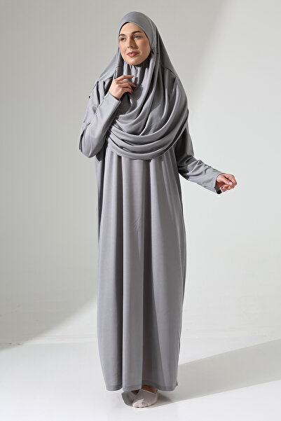 İhvan Practical One-Piece Prayer Dress with Women's Bag - Gray