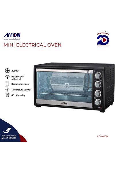 ARROW 60L Black Mini Electric Oven, 2000W, Rotisserie & Grill, 60-Min Timer, Heat-Resistant Glass Wi