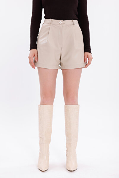 H&A İSTANBUL Kadın Suni Deri Şort Yüksek Bel Rahat Kalıp - DERİ ŞORT