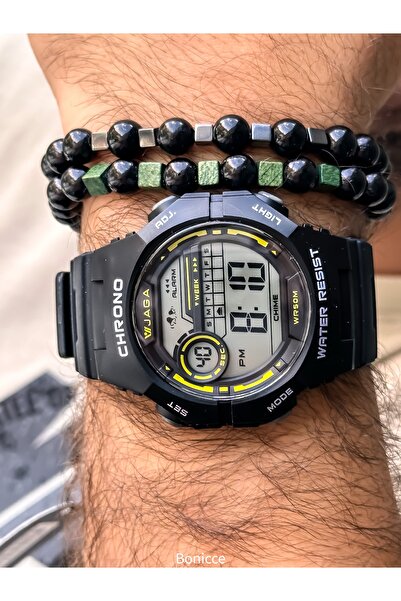 Jaga Digital Sports Men's Wristwatch, Black Sililkon Cord Suitable for Pool Sea Use, with Stopwatch