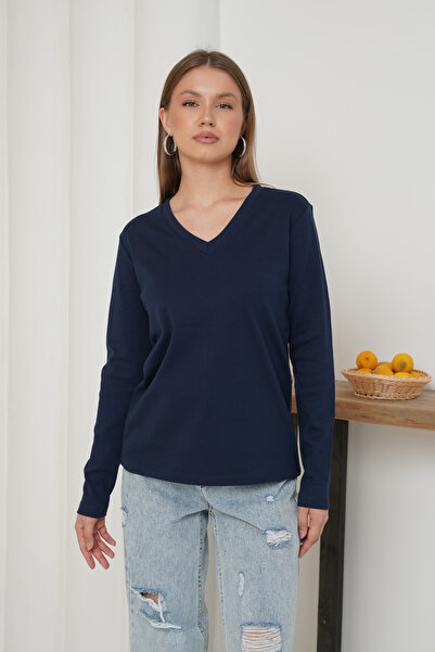 Ay Moda Collection Long Sleeve V-Neck Women's T-Shirt Made of Interlock Fabric