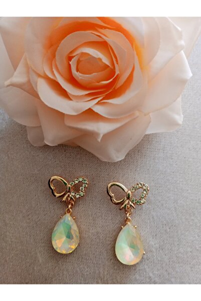 Pervin Ablacım Gold Steel Dangling Earrings with Yellow Colored Stones