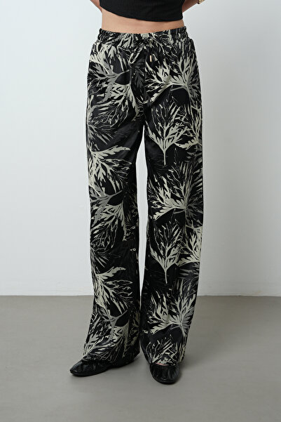 Orfeo Negro Women's Black Color Branch Patterned Wide Leg Elastic Waist Trousers