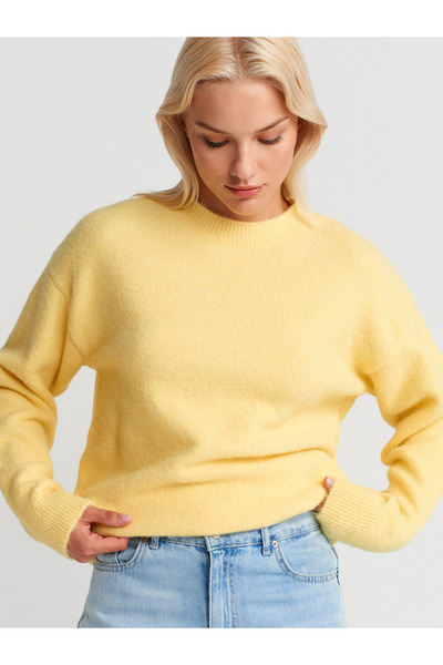 Dilvin 10640 Crew Neck Soft Textured Knit Sweater-Dark Yellow