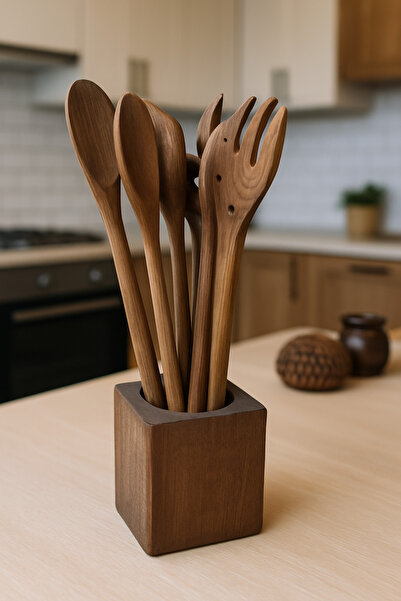 Home Natural Wooden Kitchen Utensil Set – 6 Pieces Spoons, Spatulas, Serving ...