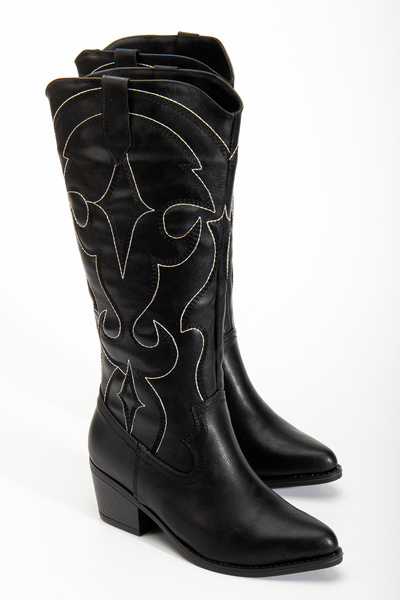RİSSOLİ Γυναικείες μπότες καουμπόισσας με κέντημα σε μαύρο δέρμα