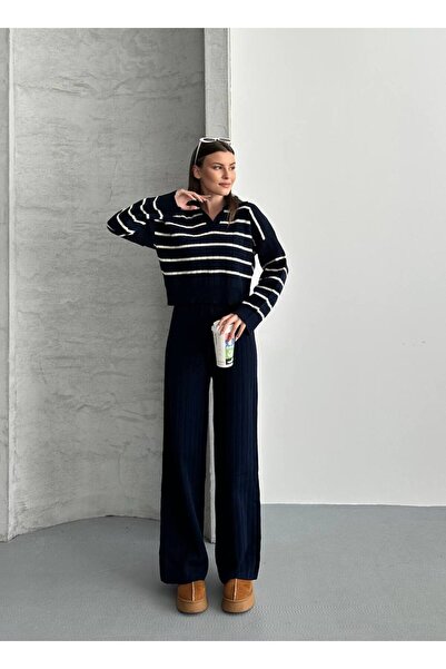 ZF BUTİK Polo Neck Knitted Top and Bottom Set
