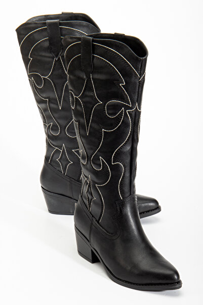 RİSSOLİ Γυναικείες μπότες καουμπόισσας με κέντημα σε μαύρο δέρμα