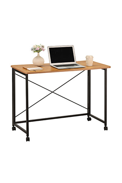 Lawazim Folding Table 100x50x75cm - Computer Desk with Wheels Wooden Top and Iron Legs