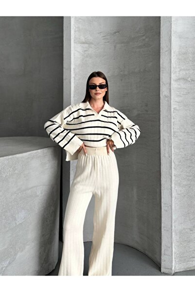 ZF BUTİK Σετ πλεκτών ενδυμάτων με λαιμόκοψη πόλο, με πλεκτό κάτω μέρος και πλεκτό επάνω μέρος