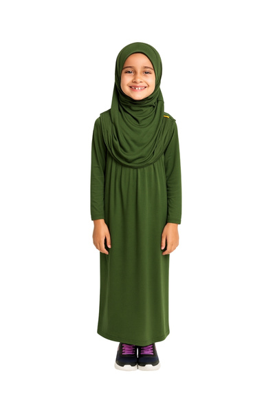 Bilenler Penye Kendinden Başörtülü Çocuk Elbisesi Yeşil/ 6-7-8 yaş