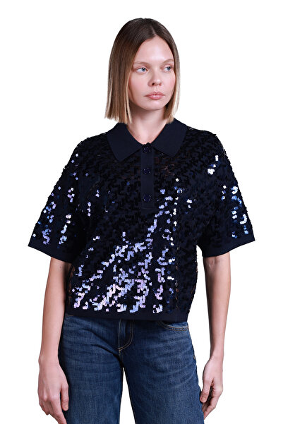 Sempre Γυναικείο πουλόβερ με παγιέτες Polo Collar Crop - Κοντό μανίκι