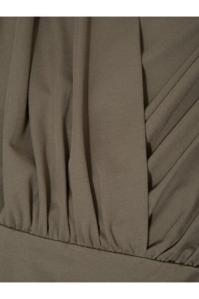 RİVUS V-Neck Gathered Long Sleeve Padded Bodysuit - Khaki