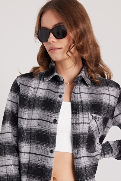 Tudors Kadın Slim Fit Dar Kesim Oduncu Tek Cepli Kareli Kışlık Gömlek