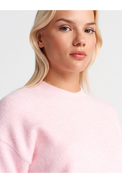 Dilvin 10640 Crew Neck Soft Textured Knit Sweater-Light Pink