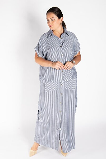 Bedrinxxl Kadın Büyük Beden Gri Çizgili Düğmeli Cep Detaylı Kısa Kollu Gömlek...