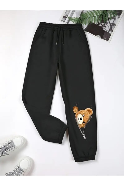 WOODROFFE Unisex Cute Zipper Bear Printed Red Gray Black Sweatpants Jogger