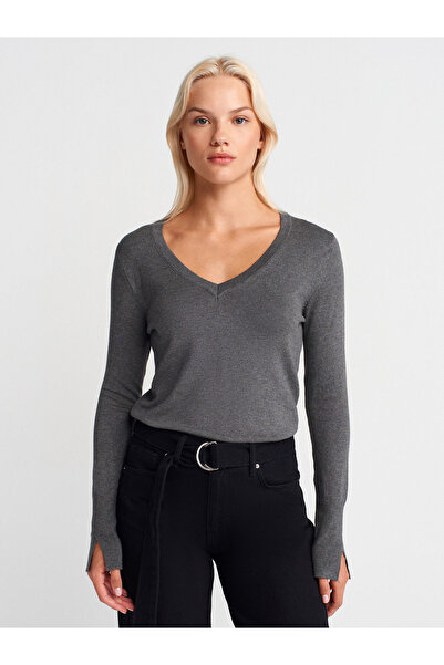 Dilvin 10427 V-Neck Sleeve Slit Sweater-K.Füme Mel
