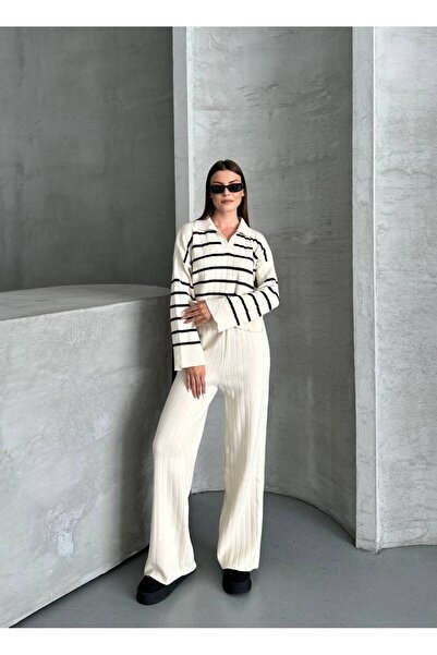 ZF BUTİK Σετ πλεκτών ενδυμάτων με λαιμόκοψη πόλο, με πλεκτό κάτω μέρος και πλεκτό επάνω μέρος