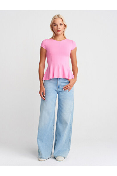 Dilvin 31992 Peplum T-Shirt-Pink