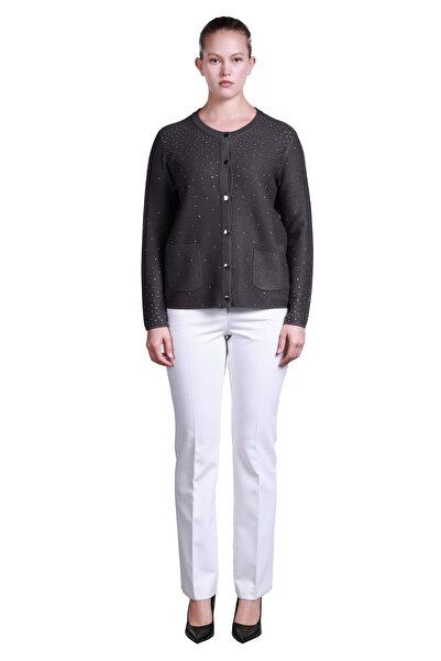 Sempre سترة نسائية ذات ياقة مستديرة وأكمام طويلة - بتفاصيل حجرية