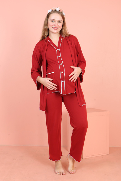 JENİKA Bordo Maternity 3-Piece Pajama Set – Long Sleeve Button-Up Top and Robe