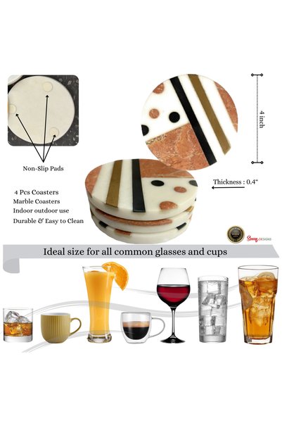 Souq DESIGNS Marble Coasters Set of 4 – Round Stone Coaster with Brass Gold & Black Inlay | Art Deco Geometric Coasters for Coffee Table | Drinks Cup Coaster | Heat Resistant Non-Slip Home Decor Gift