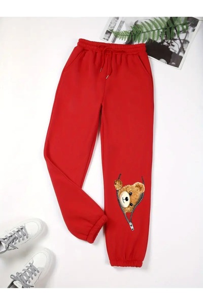 WOODROFFE Unisex Cute Zipper Bear Printed Red Gray Black Sweatpants Jogger