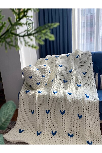 ÖRGÜCÜ DESİGN Puffy Single Size Blue Heart Blanket
