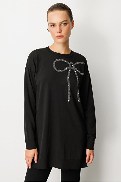 accort Kurdele Taş Detaylı Triko Tunik-SİYAH
