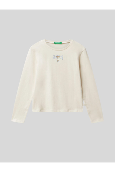 Benetton Girl's Printed Sweatshirt 6-14 Years Old Ecru