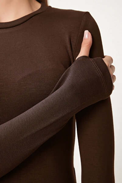 Bled Γυναικεία μαύρη μπλούζα με λαιμόκοψη με μακρύ μανίκι, ελαστική μπλούζα σώματος, πικρό καφέ