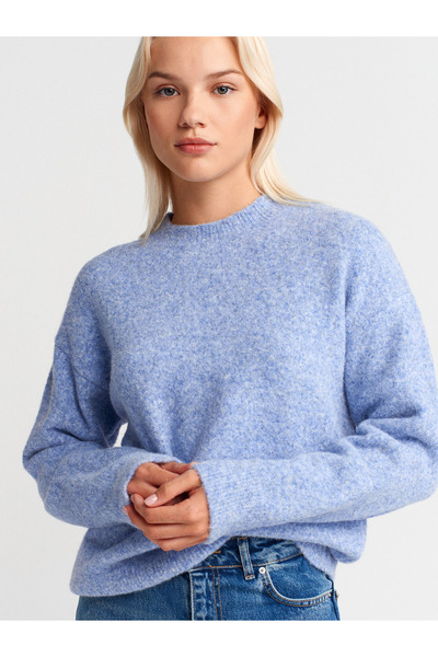 Dilvin 10640 Pulover tricotat cu textura moale cu gât rotund - Indigo M.